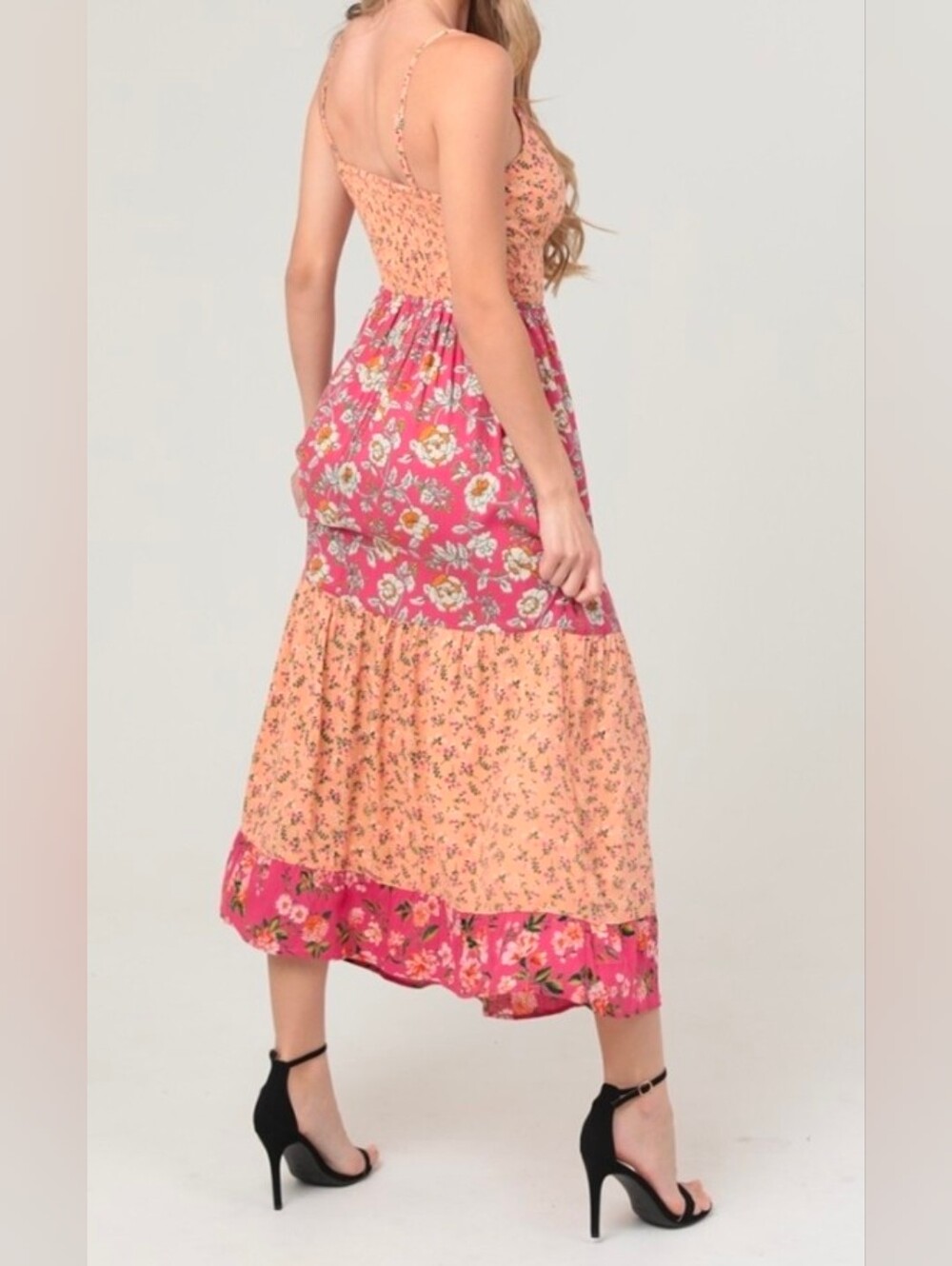 Angie Pink and Peach Floral Tiered Midi Dress